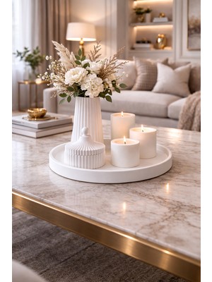 Nox Atelier Minimal Beyaz Dekoratif Tepsi Vazo ve Mum Seti – Modern Çizgili Tasarım 6 Parça