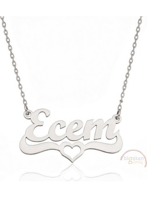 Bigakan 925 Ayar Gümüş Kalpli Ecem Isimli Kolye - Kalp Desenli