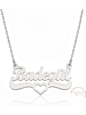 Bigakan 925 Ayar Gümüş Kalpli Badegül Isimli Kolye - Kalp Desenli