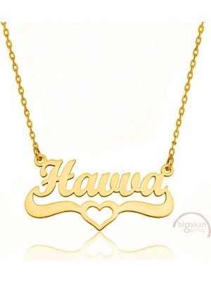 Bigakan 925 Ayar Gümüş Altın Kaplama Kalpli Havva Isimli Kolye - Kalp Desenli