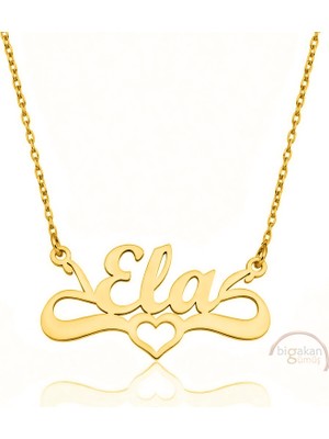 Bigakan 925 Ayar Gümüş Altın Kaplama Kalpli Ela Isimli Kolye - Kalp Desenli