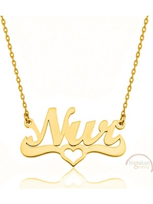 Bigakan 925 Ayar Gümüş Altın Kaplama Kalpli Nur Isimli Kolye - Kalp Desenli