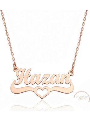 Bigakan 925 Ayar Gümüş Rose Altın Kaplama Kalpli Hazan Isimli Kolye - Kalp Desenli