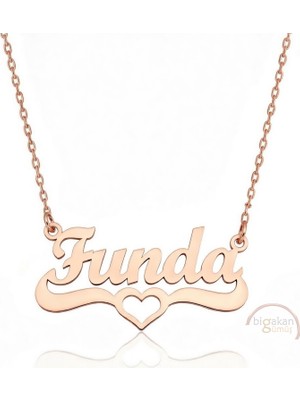 Bigakan 925 Ayar Gümüş Rose Altın Kaplama Kalpli Funda Isimli Kolye - Kalp Desenli