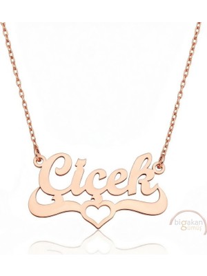 Bigakan 925 Ayar Gümüş Rose Altın Kaplama Kalpli Çiçek Isimli Kolye - Kalp Desenli