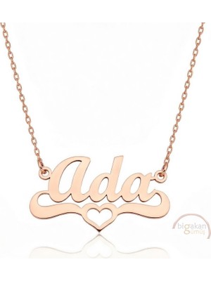 Bigakan 925 Ayar Gümüş Rose Altın Kaplama Kalpli Ada Isimli Kolye - Kalp Desenli