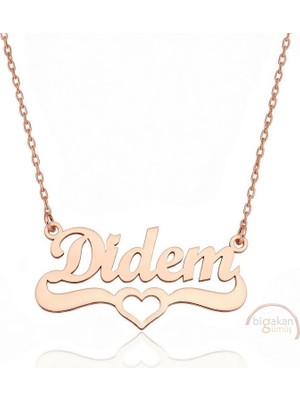 Bigakan 925 Ayar Gümüş Rose Altın Kaplama Kalpli Didem Isimli Kolye - Kalp Desenli
