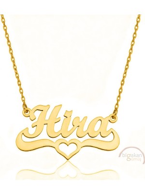 Bigakan 925 Ayar Gümüş Altın Kaplama Kalpli Hira Isimli Kolye - Kalp Desenli