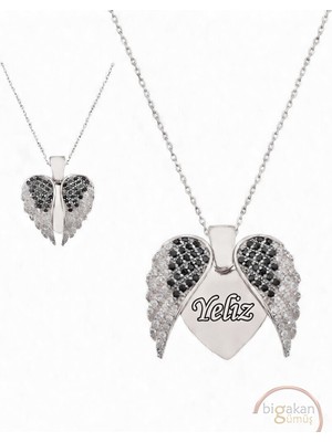 Bigakan 925 Ayar Gümüş Kanatlı Kalp Yeliz Isimli Kolye 45 cm Beyaz