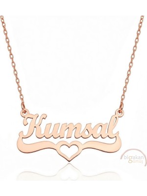 Bigakan 925 Ayar Gümüş Rose Altın Kaplama Kalpli Kumsal Isimli Kolye - Kalp Desenli