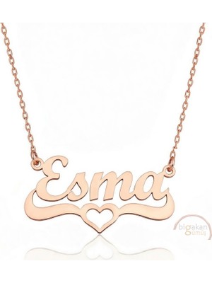 Bigakan 925 Ayar Gümüş Rose Altın Kaplama Kalpli Esma Isimli Kolye - Kalp Desenli