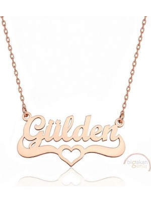 Bigakan 925 Ayar Gümüş Rose Altın Kaplama Kalpli Gülden Isimli Kolye - Kalp Desenli