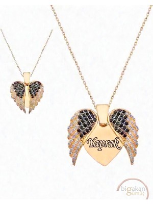 Bigakan 925 Ayar Gümüş Kanatlı Kalp Yaprak Isimli Kolye 45 cm Altın Kaplama