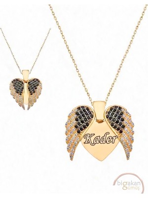 Bigakan 925 Ayar Gümüş Kanatlı Kalp Kader Isimli Kolye 45 cm Altın Kaplama
