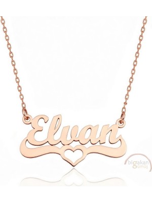 Bigakan 925 Ayar Gümüş Rose Altın Kaplama Kalpli Elvan Isimli Kolye - Kalp Desenli