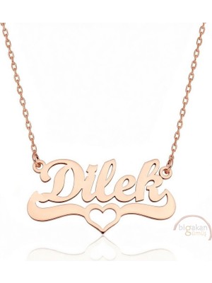 Bigakan 925 Ayar Gümüş Rose Altın Kaplama Kalpli Dilek Isimli Kolye - Kalp Desenli