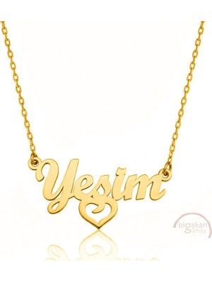 Bigakan 925 Ayar Gümüş Altın Kaplama Kalpli Yeşim Isimli Kolye - Kalp Desenli