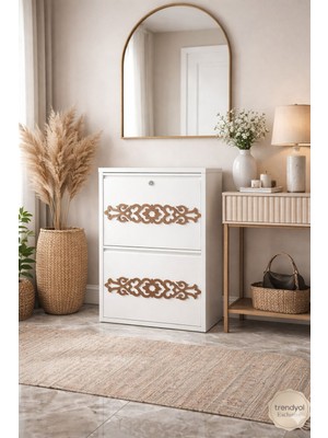 Karlı 2'li Kilitli Beyaz Yıldız Ahşap Desenli Metal Ayakkabılık