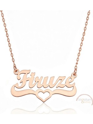 Bigakan 925 Ayar Gümüş Rose Altın Kaplama Kalpli Firüze Isimli Kolye - Kalp Desenli