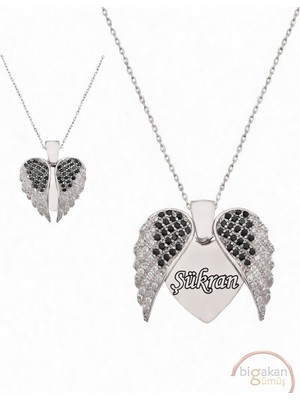 Bigakan 925 Ayar Gümüş Kanatlı Kalp Şükran Isimli Kolye 45 cm Beyaz