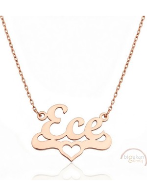 Bigakan 925 Ayar Gümüş Rose Altın Kaplama Kalpli Ece Isimli Kolye - Kalp Desenli