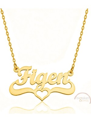 Bigakan 925 Ayar Gümüş Altın Kaplama Kalpli Figen Isimli Kolye - Kalp Desenli