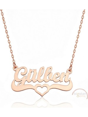 Bigakan 925 Ayar Gümüş Rose Altın Kaplama Kalpli Gülben Isimli Kolye - Kalp Desenli