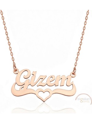 Bigakan 925 Ayar Gümüş Rose Altın Kaplama Kalpli Gizem Isimli Kolye - Kalp Desenli