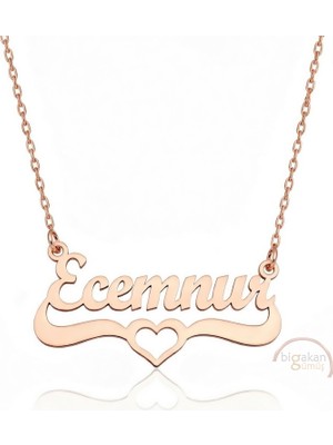 Bigakan 925 Ayar Gümüş Rose Altın Kaplama Kalpli Ecemnur Isimli Kolye - Kalp Desenli