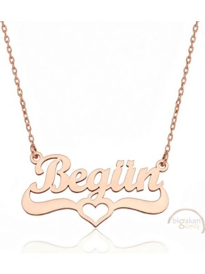 Bigakan 925 Ayar Gümüş Rose Altın Kaplama Kalpli Begün Isimli Kolye - Kalp Desenli