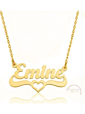 Bigakan 925 Ayar Gümüş Altın Kaplama Kalpli Emine Isimli Kolye - Kalp Desenli