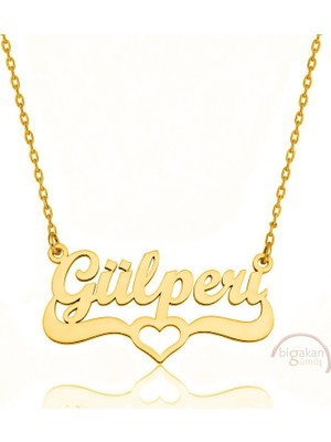Bigakan 925 Ayar Gümüş Altın Kaplama Kalpli Gülperi Isimli Kolye - Kalp Desenli