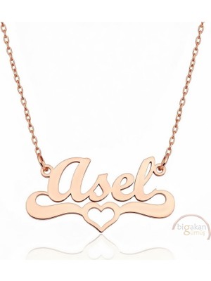 Bigakan 925 Ayar Gümüş Rose Altın Kaplama Kalpli Asel Isimli Kolye - Kalp Desenli