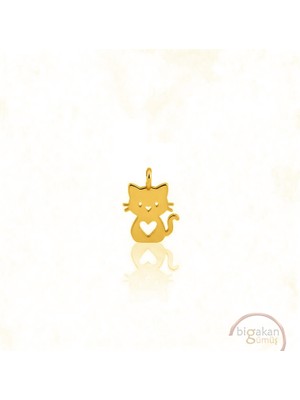 Bigakan Kalp Detaylı Kedi Kolye Ucu 925 Ayar Minimal Tasarım Altın Kaplama