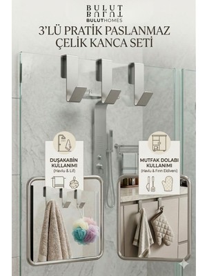 Buluthomes 3 Adet Paslanmaz Çelik Duşakabin Askısı ve Mutfak Dolabı Üstü Kanca Askılık