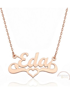 Bigakan 925 Ayar Gümüş Rose Altın Kaplama Kalpli Eda Isimli Kolye - Kalp Desenli