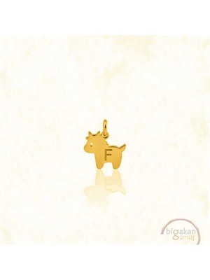 Bigakan F Harfli Sevimli Oğlak Kolye Ucu 925 Ayar Minimal Tasarım Altın Kaplama