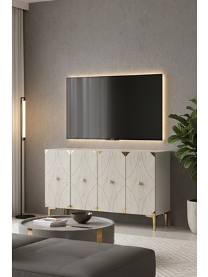 Ceneyra KA1297BTG ALFA120 Konsol, Kahve Köşesi ve Tv Sehpası, Çok Amaçlı Dolap 120CM Beyaz-Traverten-Gold
