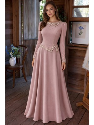 Olcay Inci Süslemeli Krep Tesettür Abiye Elbise Pudra 1691