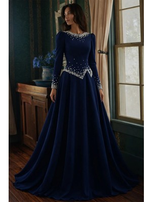 Olcay Inci Süslemeli Krep Tesettür Abiye Elbise Lacivert 1691