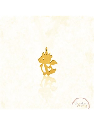 Bigakan Kalp Detaylı Ejderha Kolye Ucu 925 Ayar Minimal Tasarım Altın Kaplama