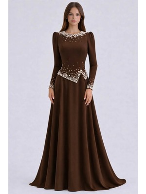 Olcay Inci Süslemeli Krep Tesettür Abiye Elbise Kahve 1691