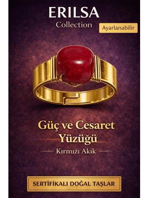 Erilsa Sertifikalı Kırmızı Akik Doğal Taş Yüzük – Güç ve Cesaret Enerji Ayarlanabilir