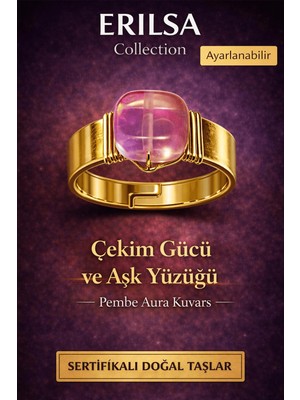 Erilsa Sertifikalı Pembe Aura Kuvars Doğal Taş Yüzük – Çekim Gücü ve Aşk Ayarlanabilir