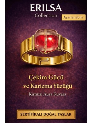 Erilsa Sertifikalı Kırmızı Aura Kuvars Doğal Taş Yüzük – Çekim Gücü ve Karizma Ayarlanabilir