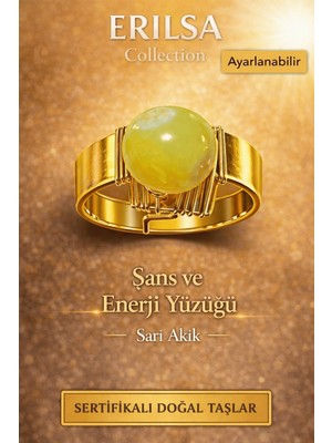 Erilsa Sertifikalı Sarı Akik Doğal Taş Yüzük – Şans ve Enerji Ayarlanabilir El Yapımı