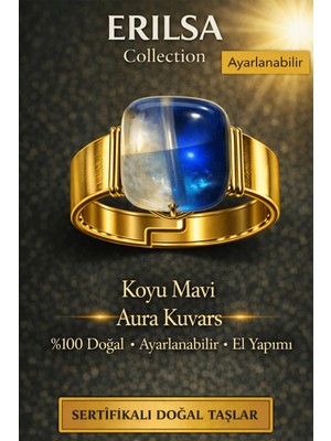 Erilsa Sertifikalı Koyu Mavi Aura Kuvars Yüzük Doğal Taş Yüzük Ayarlanabilir El Yapımı