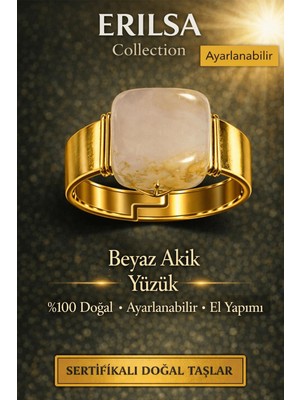 Erilsa Sertifikalı Beyaz Akik Yüzük Doğal Taş Yüzük Ayarlanabilir El Yapımı Enerji Taşı