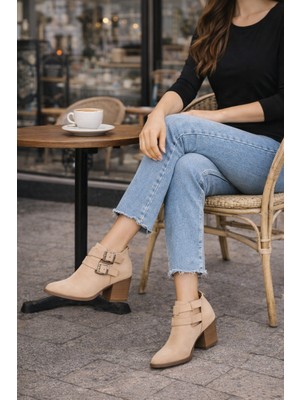 Defne Shoes Ella Kadın Süet Ayakkabı Çift Tokalı Arkadan Fermuarlı Kısa Topuklu Günlük Rahat Kısa Bot