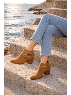 Defne Shoes Ella Kadın Süet Ayakkabı Çift Tokalı Arkadan Fermuarlı Kısa Topuklu Günlük Rahat Kısa Bot